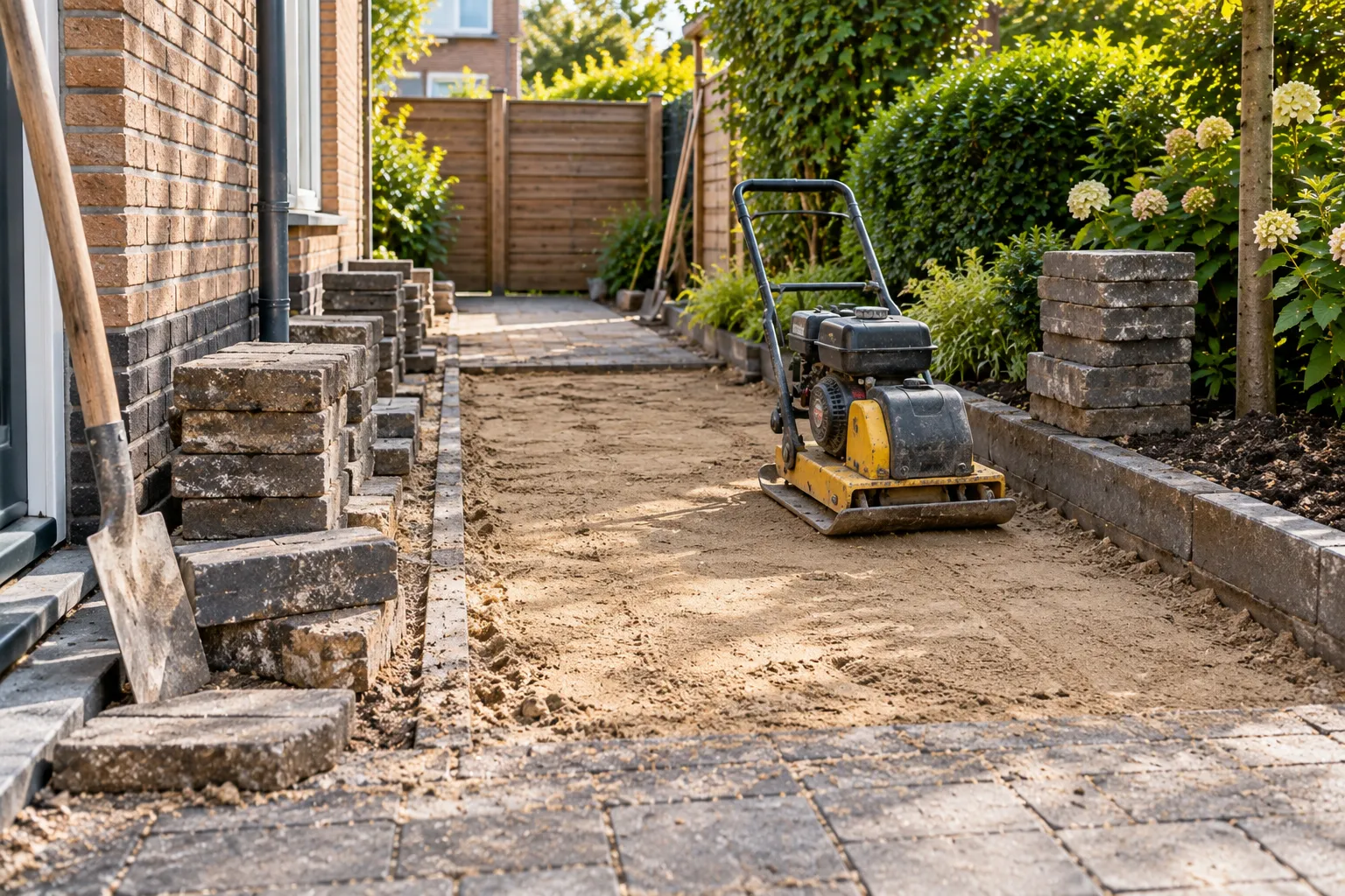 Herstraten van een tuinpad: opgenomen stenen opgestapeld en een trilplaat op het opgehoogde zandbed