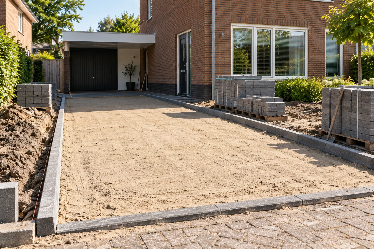 Oprit in aanleg: zandbed op hoogte, opsluitbanden geplaatst en klinkers op pallets klaar om te leggen
