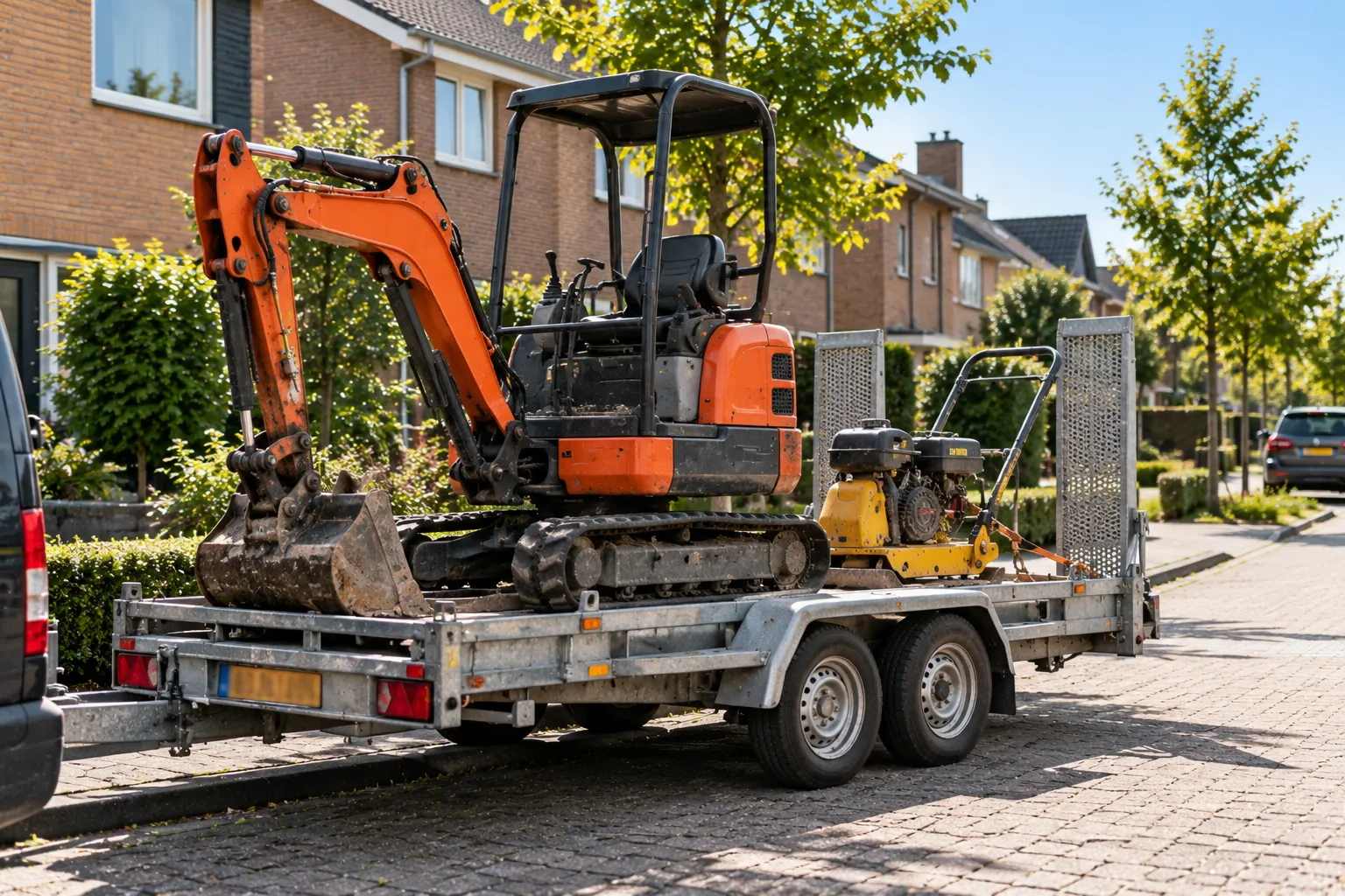 Minigraver en trilplaat op een aanhanger in een woonstraat met klinkers