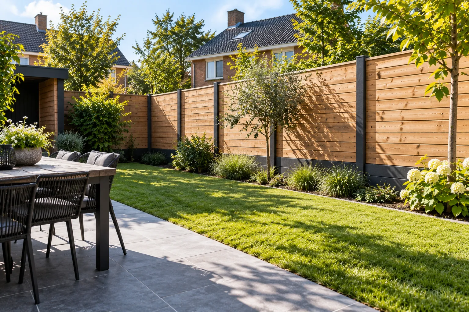 Hout-betonschutting met antraciet betonpalen en onderplaten langs een achtertuin met gazon