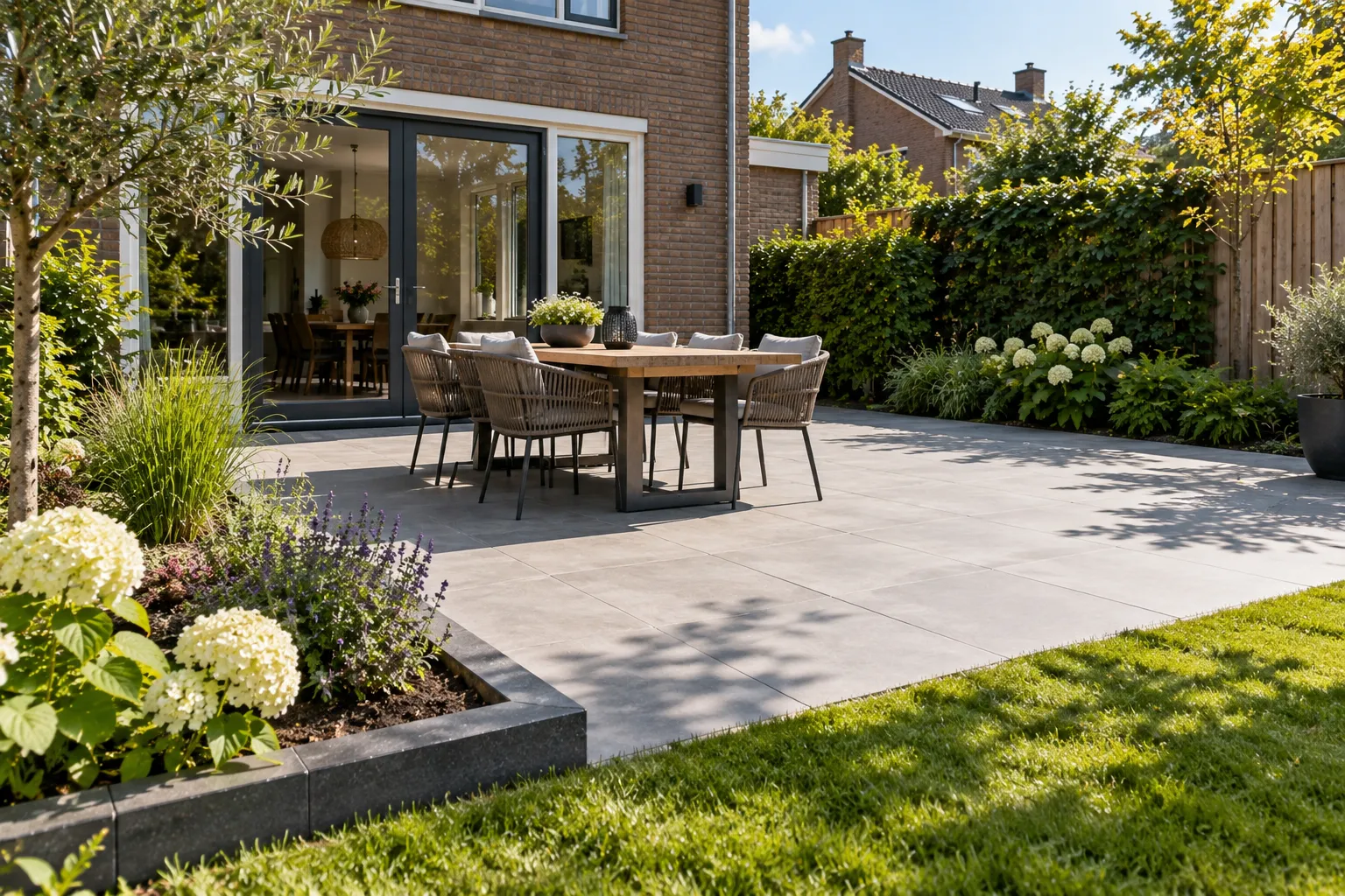 Terras van grote grijze tegels achter een woning, met tuintafel, border en gazon ernaast