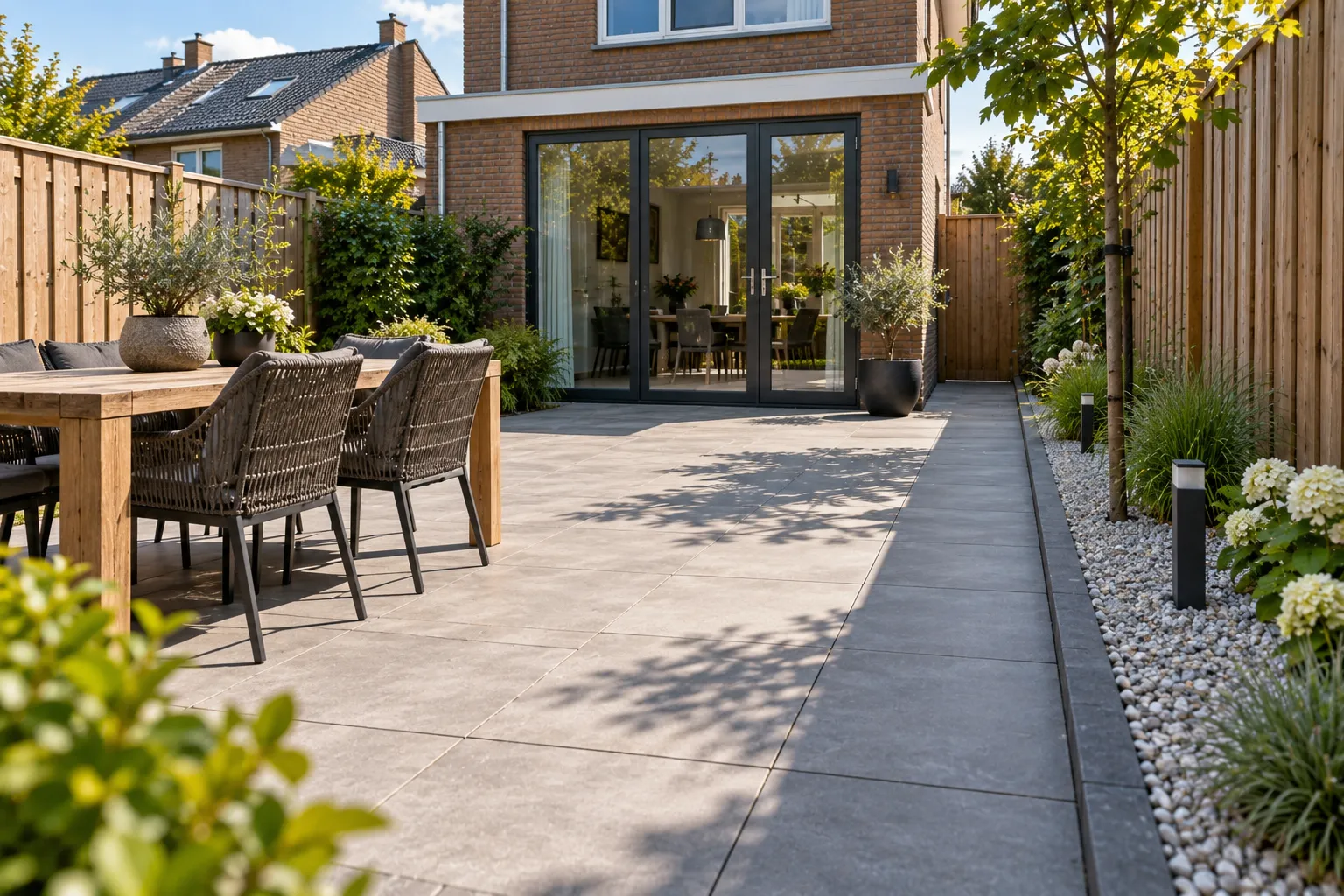 Achtertuin met grote grijze tegels, een tuintafel en een strook wit grind langs de schutting